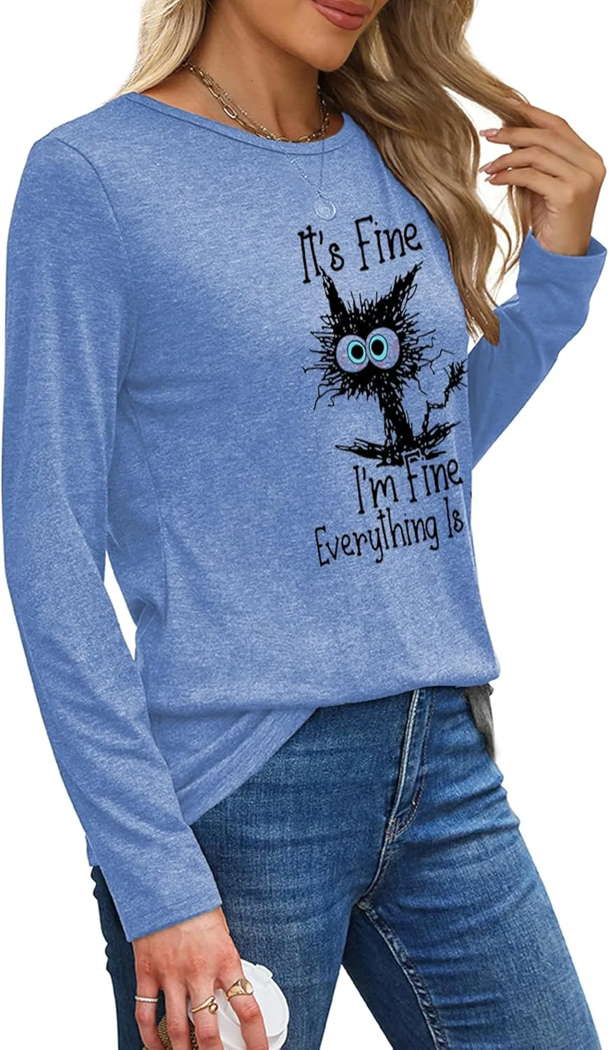 Long Sleeve T Shirts for Women Cute Cat Graphic Tees Im Fine Everything is Fine Tops Fall Crewneck Blouse Casual Outfits