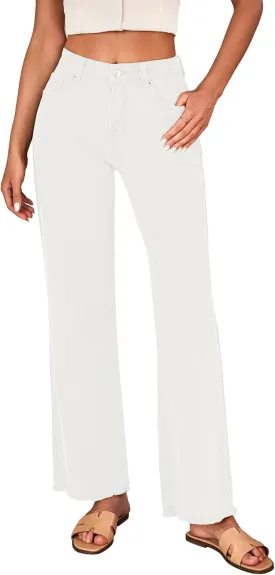 LookbookStore Wide Leg Jeans for Women Trendy High Waisted Straight Leg Frayed Hem Baggy Stretchy Denim Trousers Pants
