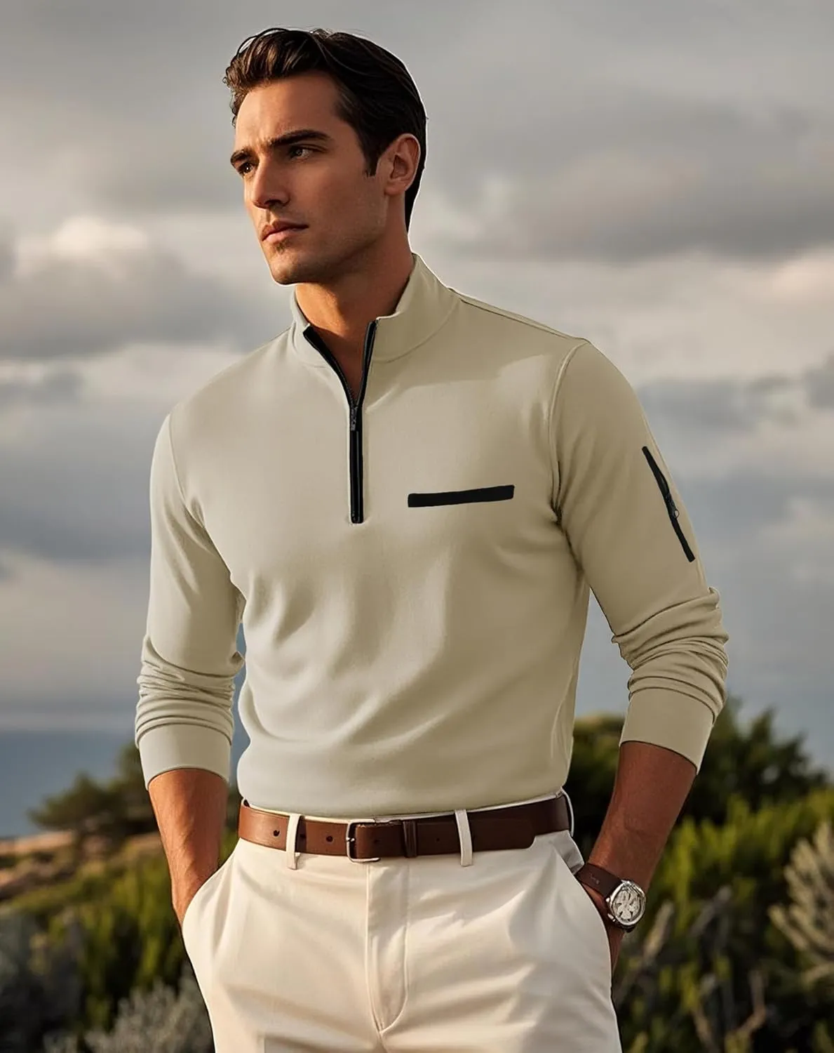 Men's Long Sleeve Polo Shirts Quarter Zip Up Pullover Slim Fit Casual Stylish Golf Collar Shirt for Men with Pocket