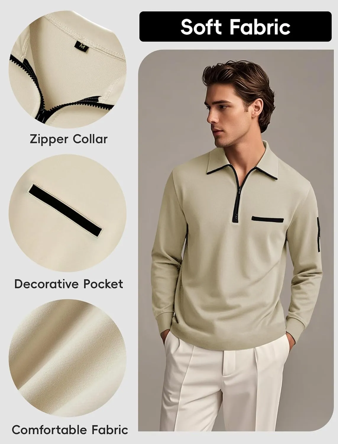 Men's Long Sleeve Polo Shirts Quarter Zip Up Pullover Slim Fit Casual Stylish Golf Collar Shirt for Men with Pocket