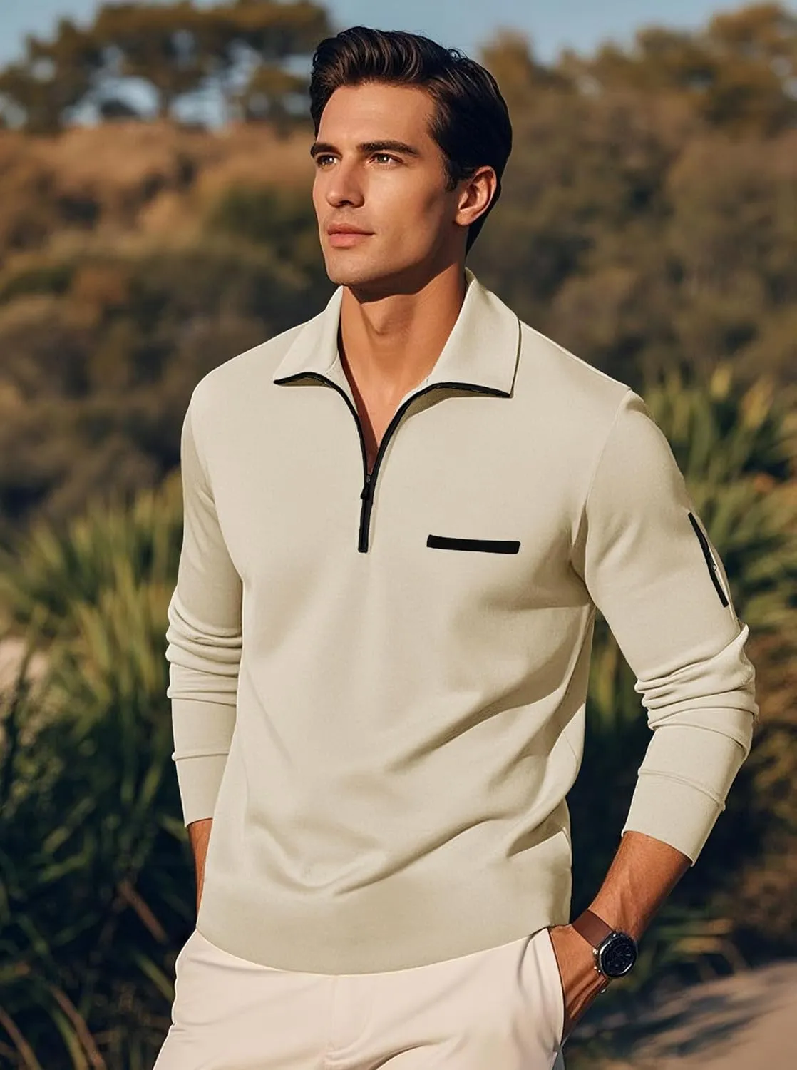 Men's Long Sleeve Polo Shirts Quarter Zip Up Pullover Slim Fit Casual Stylish Golf Collar Shirt for Men with Pocket