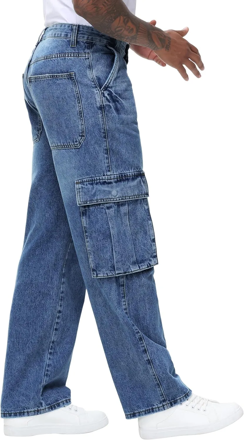 Men's Non-Stretch Loose Fit Wide-Leg Baggy Cargo Jeans Pants