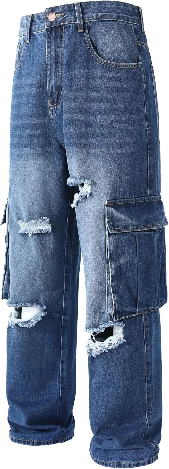 Men's Non-Stretch Loose Fit Wide-Leg Baggy Cargo Jeans Pants