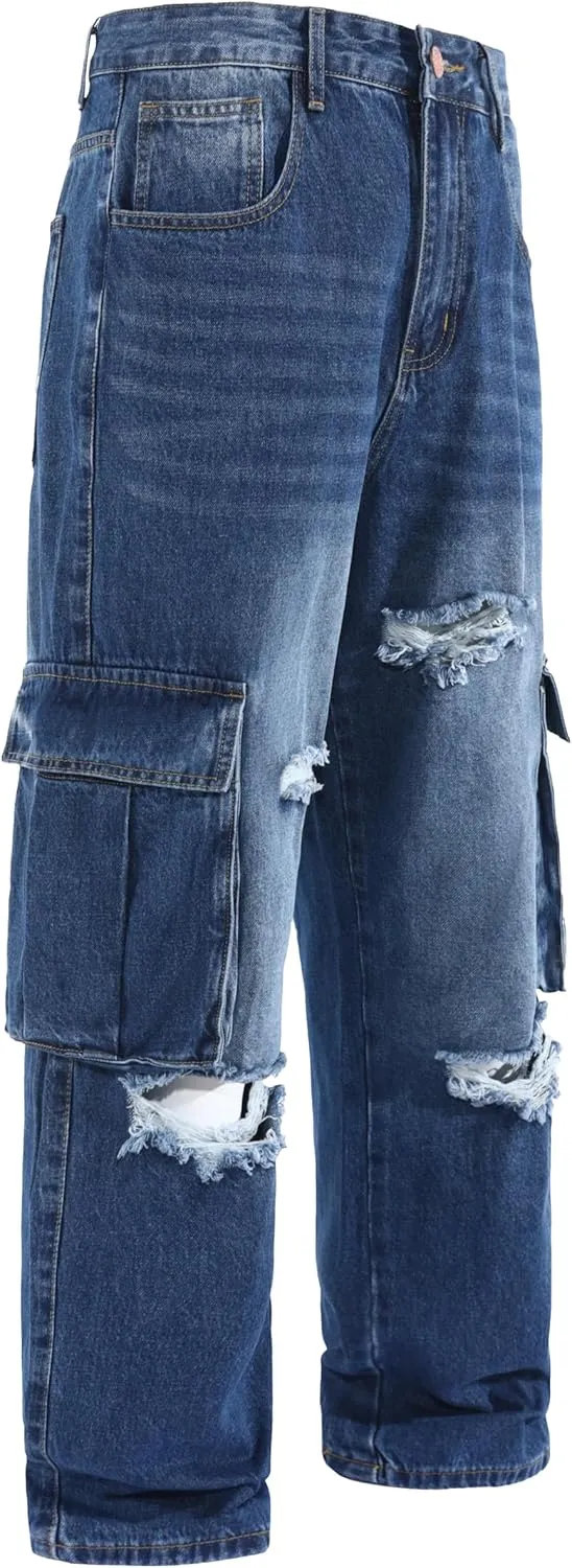 Men's Non-Stretch Loose Fit Wide-Leg Baggy Cargo Jeans Pants