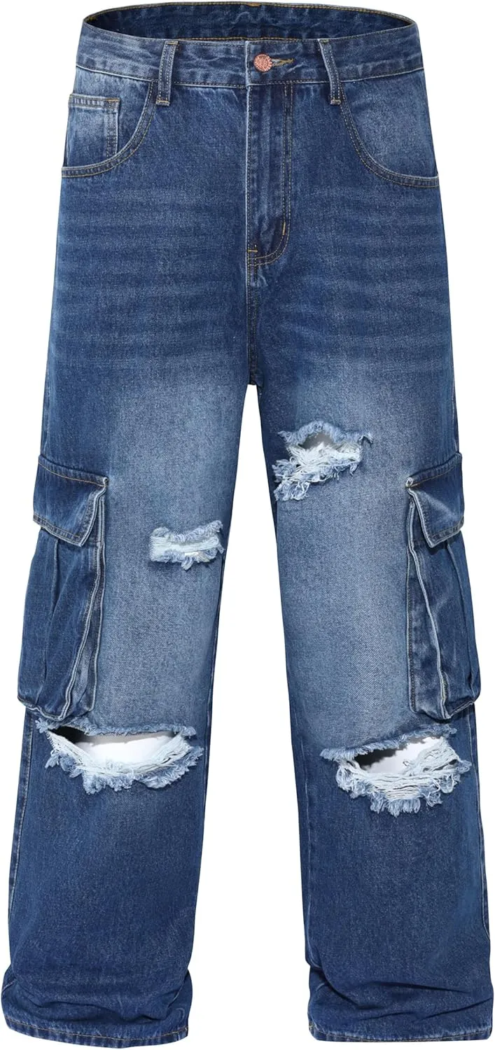 Men's Non-Stretch Loose Fit Wide-Leg Baggy Cargo Jeans Pants