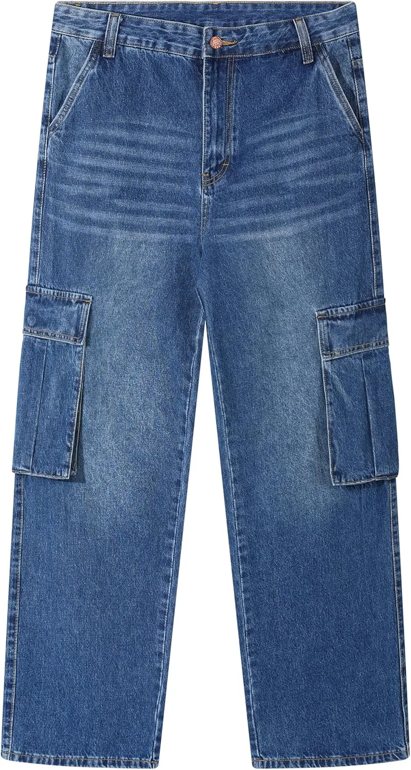 Men's Non-Stretch Loose Fit Wide-Leg Baggy Cargo Jeans Pants