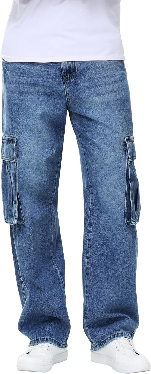 Men's Non-Stretch Loose Fit Wide-Leg Baggy Cargo Jeans Pants
