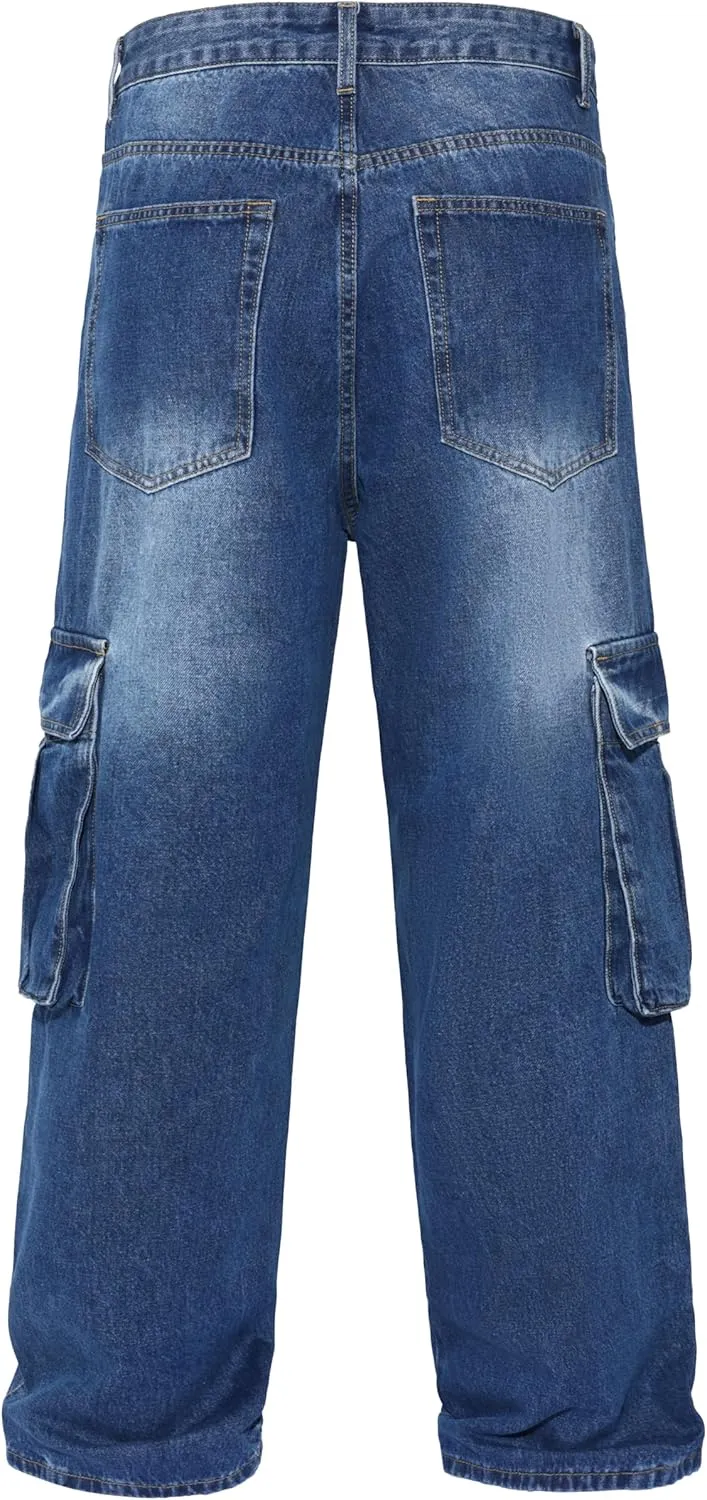 Men's Non-Stretch Loose Fit Wide-Leg Baggy Cargo Jeans Pants
