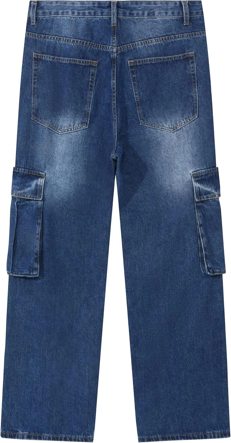 Men's Non-Stretch Loose Fit Wide-Leg Baggy Cargo Jeans Pants