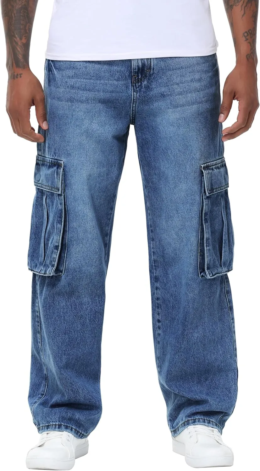 Men's Non-Stretch Loose Fit Wide-Leg Baggy Cargo Jeans Pants