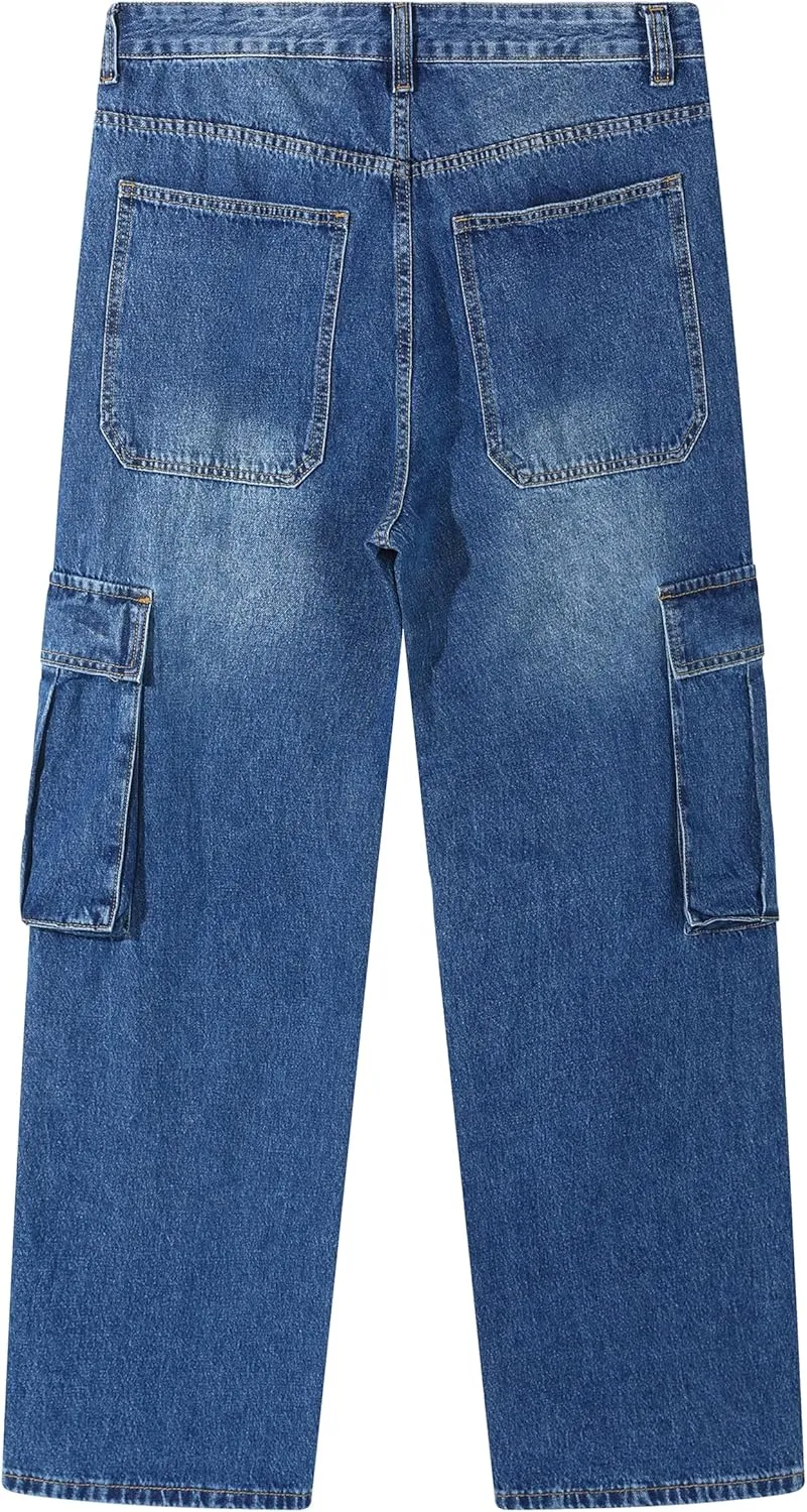 Men's Non-Stretch Loose Fit Wide-Leg Baggy Cargo Jeans Pants