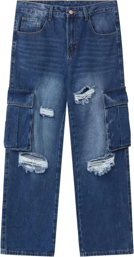 Men's Non-Stretch Loose Fit Wide-Leg Baggy Cargo Jeans Pants