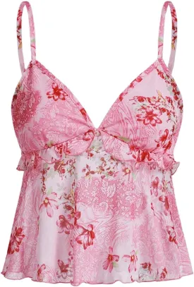 Milumia Women's Floral Mesh Cami Crop Top V Neck Ruffle Spaghetti Strap Tank Tops
