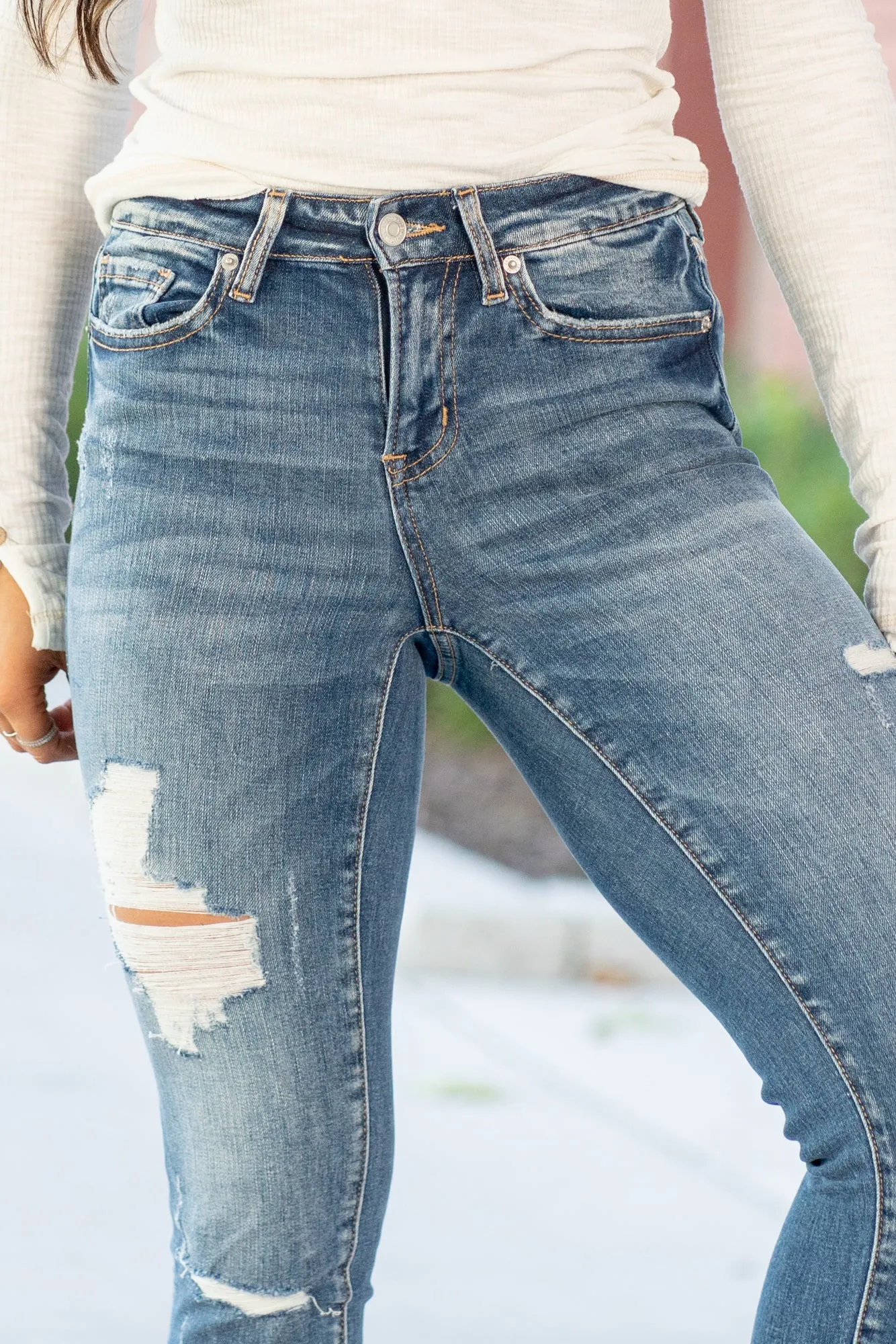 Olivia Mid Rise Double Fringe Hem Ankle Skinny