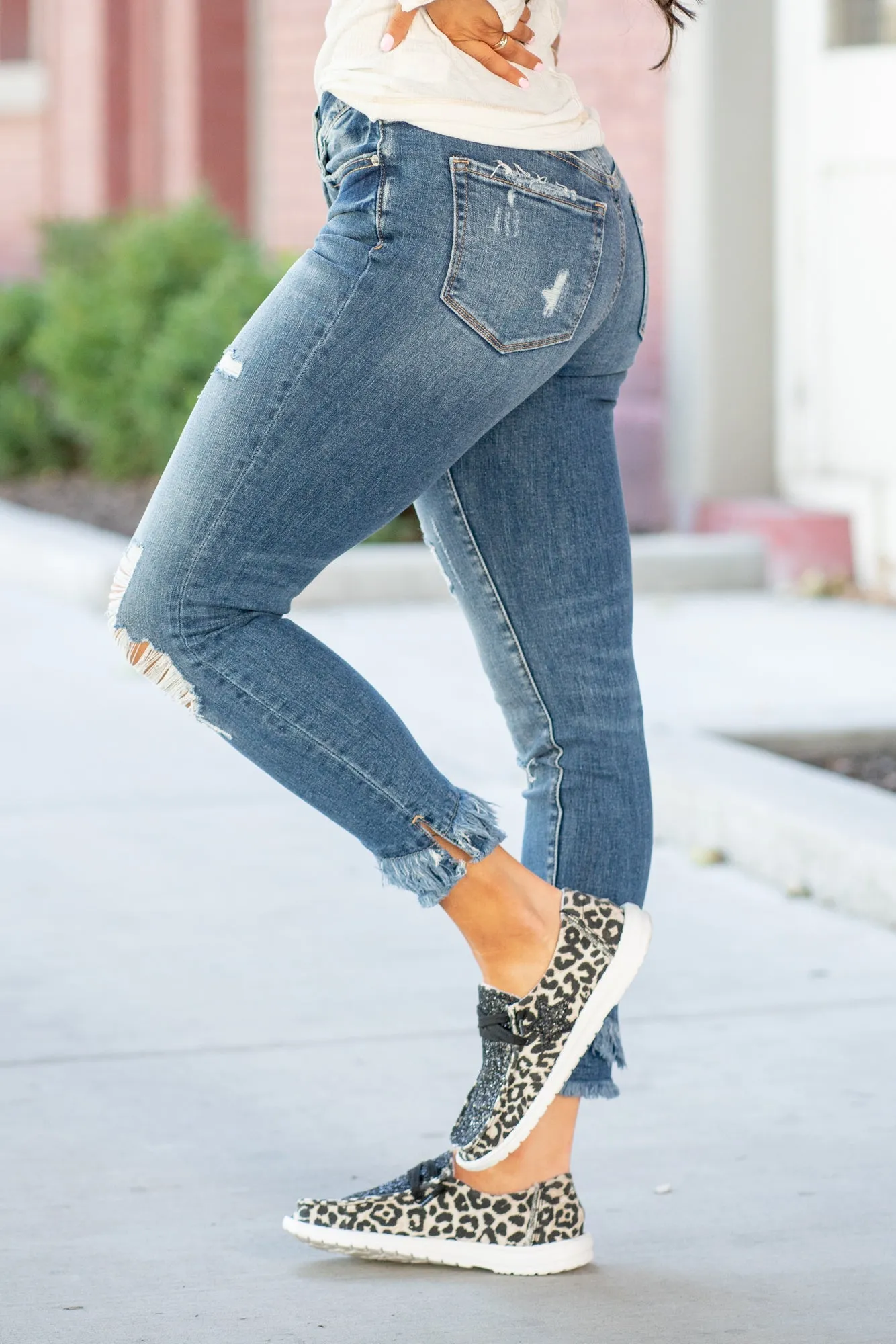 Olivia Mid Rise Double Fringe Hem Ankle Skinny