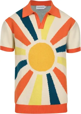 OXKNIT Mens Knitted V-Neck Polo Shirt Sun Pattern Knit Golf Polo Short Sleeve Vintage Summer Shirt