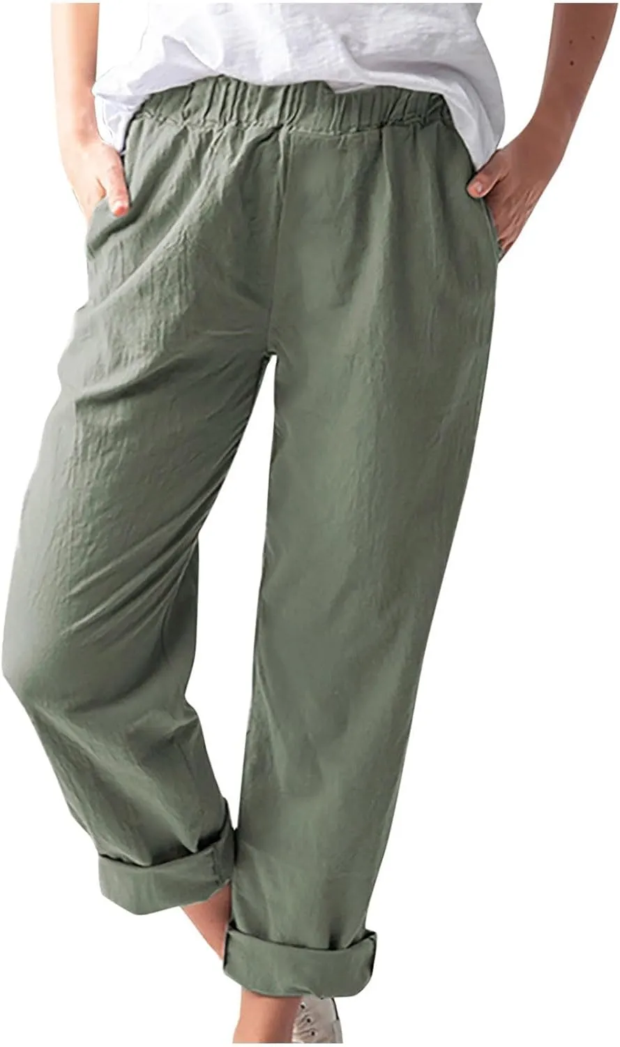 Pants for Women Trendy 2024 Casual Summer Elastic Waist Cotton Linen Pants Straight Leg Crop Trousers