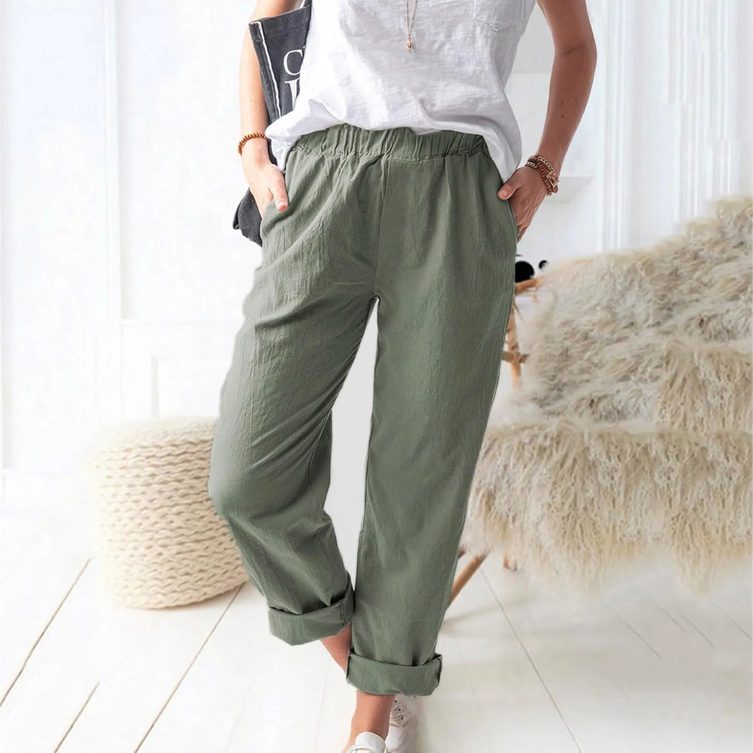 Pants for Women Trendy 2024 Casual Summer Elastic Waist Cotton Linen Pants Straight Leg Crop Trousers
