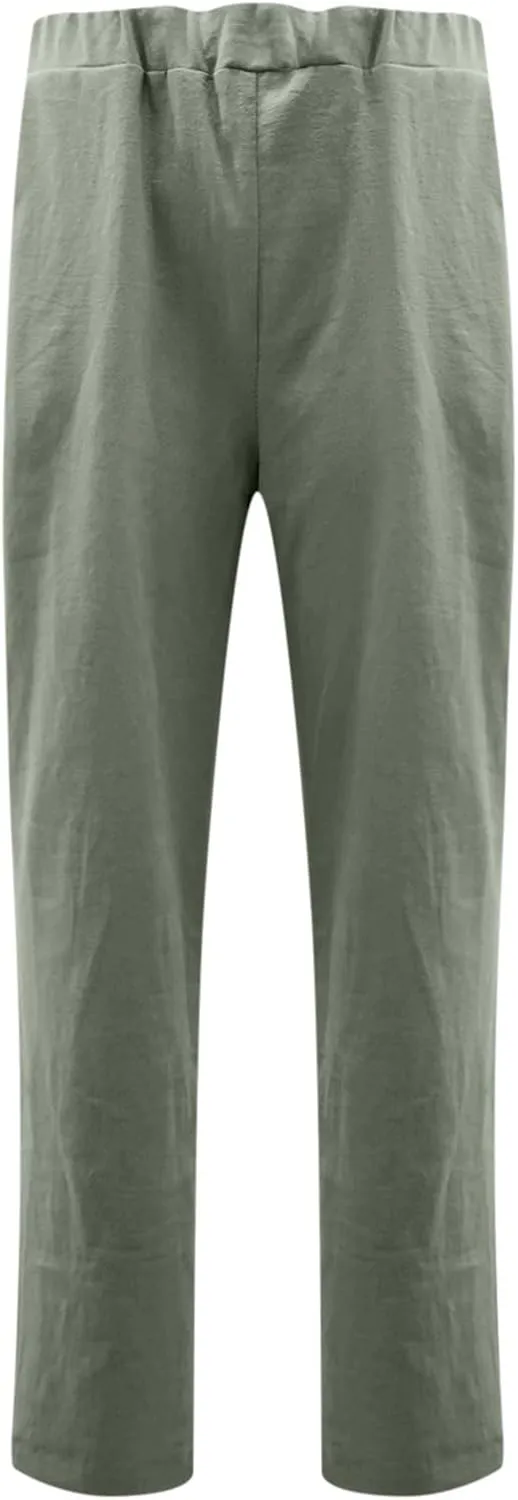 Pants for Women Trendy 2024 Casual Summer Elastic Waist Cotton Linen Pants Straight Leg Crop Trousers