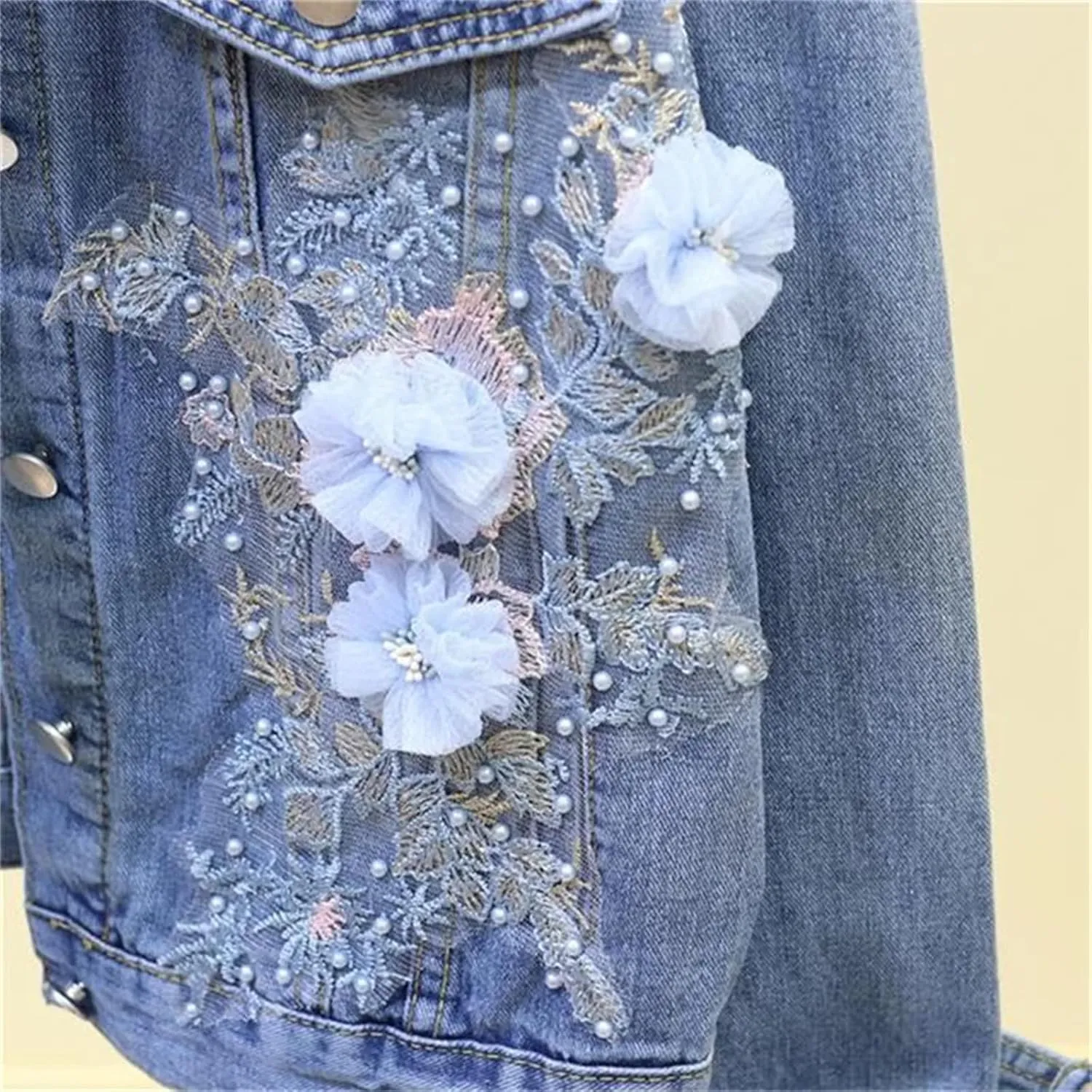 SaoBiiu Women Denim Jacket Short Embroidery Spring Autumn Applique Diamond Holes Coat Loose Student Jean Outerwear