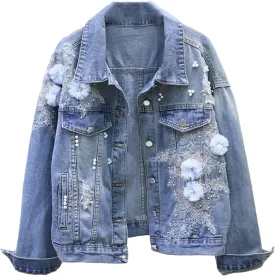 SaoBiiu Women Denim Jacket Short Embroidery Spring Autumn Applique Diamond Holes Coat Loose Student Jean Outerwear
