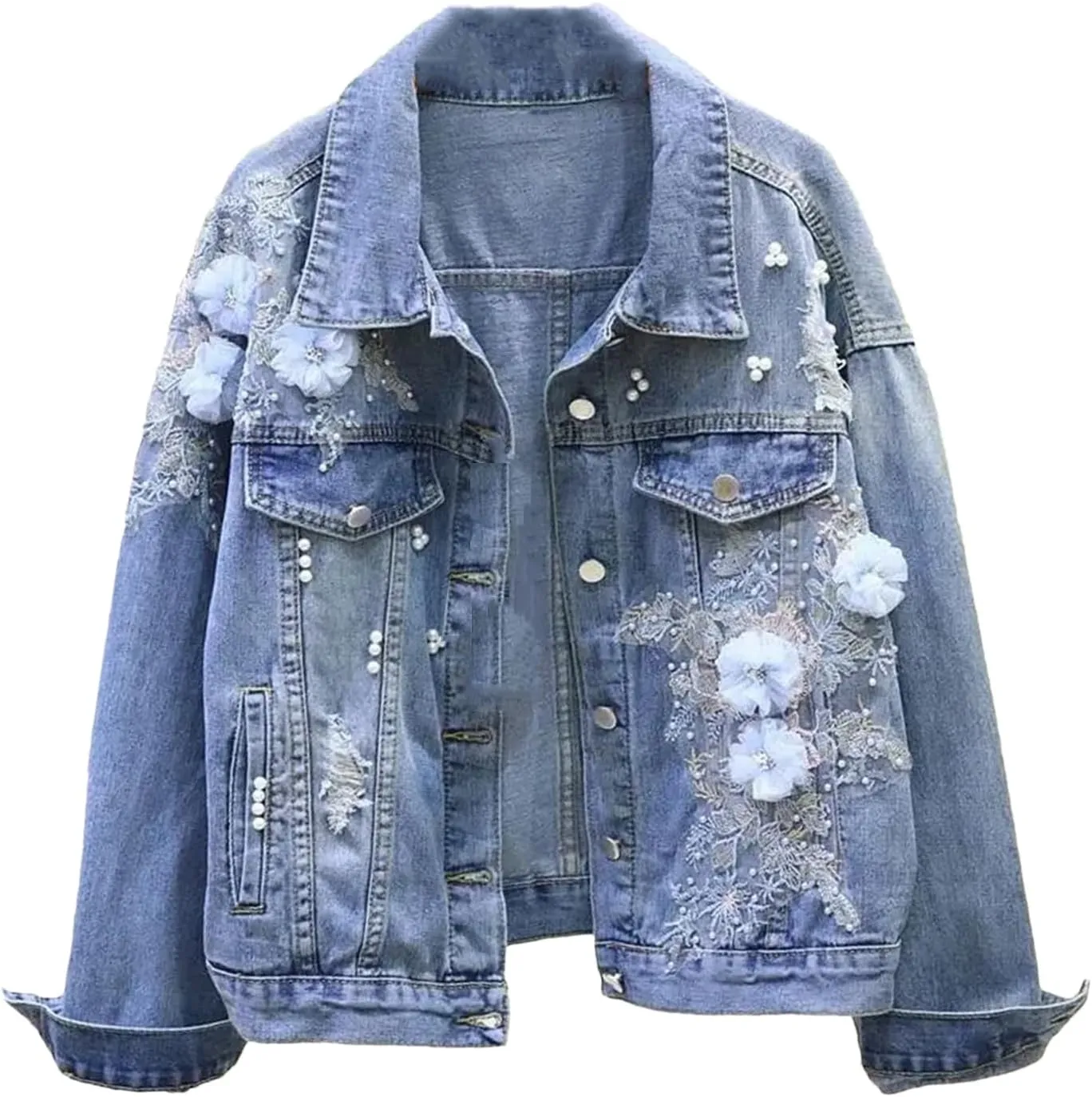 SaoBiiu Women Denim Jacket Short Embroidery Spring Autumn Applique Diamond Holes Coat Loose Student Jean Outerwear