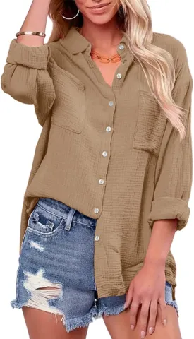 Saudacdn Women Button Down Shirts V Neck Blouse Long Roll Up Cuffed Sleeve Pocket Casual Boyfriend Cotton Tops