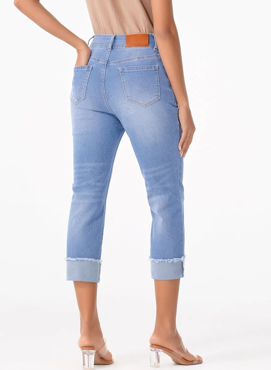 Sidefeel Women's Capri Jeans High Waisted Stretchy Roll-up Skinny Cuffed Cropped Zimbaplatinum Summer Capri Pants