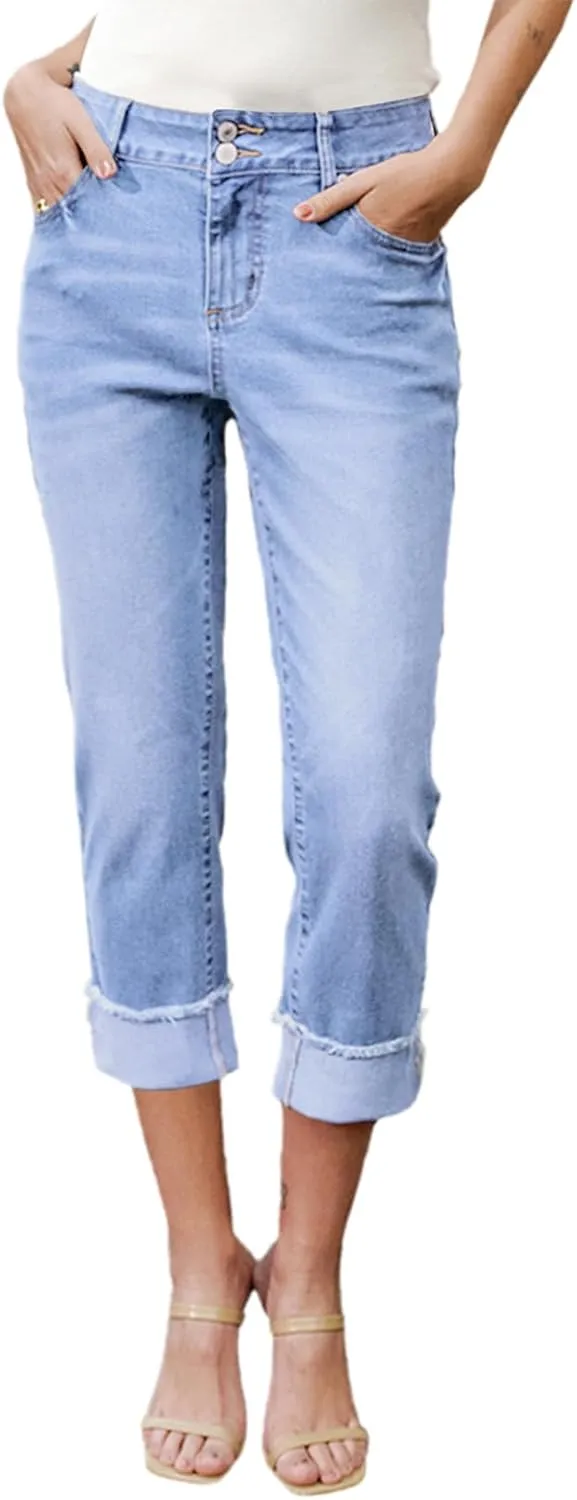 Sidefeel Women's Capri Jeans High Waisted Stretchy Roll-up Skinny Cuffed Cropped Zimbaplatinum Summer Capri Pants