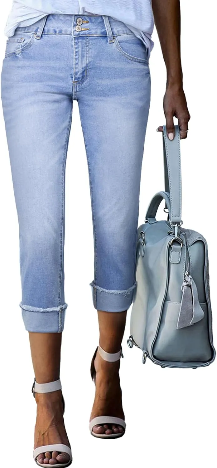 Sidefeel Women's Capri Jeans High Waisted Stretchy Roll-up Skinny Cuffed Cropped Zimbaplatinum Summer Capri Pants