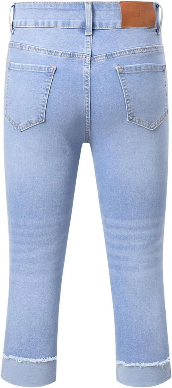Sidefeel Women's Capri Jeans High Waisted Stretchy Roll-up Skinny Cuffed Cropped Zimbaplatinum Summer Capri Pants