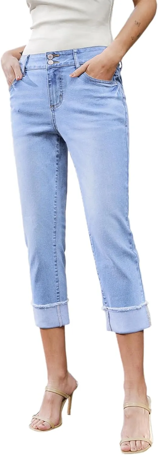 Sidefeel Women's Capri Jeans High Waisted Stretchy Roll-up Skinny Cuffed Cropped Zimbaplatinum Summer Capri Pants