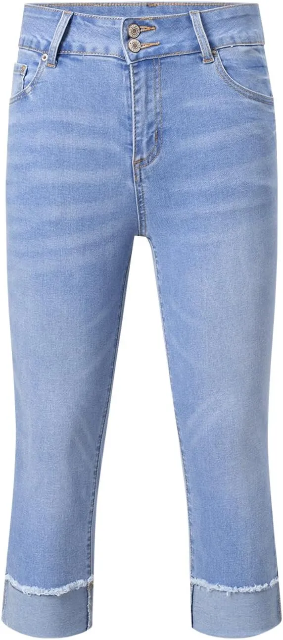 Sidefeel Women's Capri Jeans High Waisted Stretchy Roll-up Skinny Cuffed Cropped Zimbaplatinum Summer Capri Pants