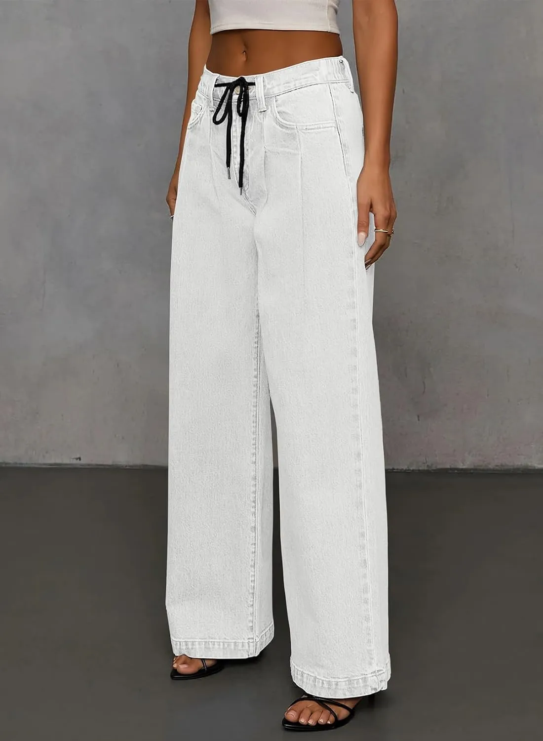 Sidefeel Women's Wide Leg Jeans High Waisted Stretchy Straight Baggy Drawstring Denim Pants