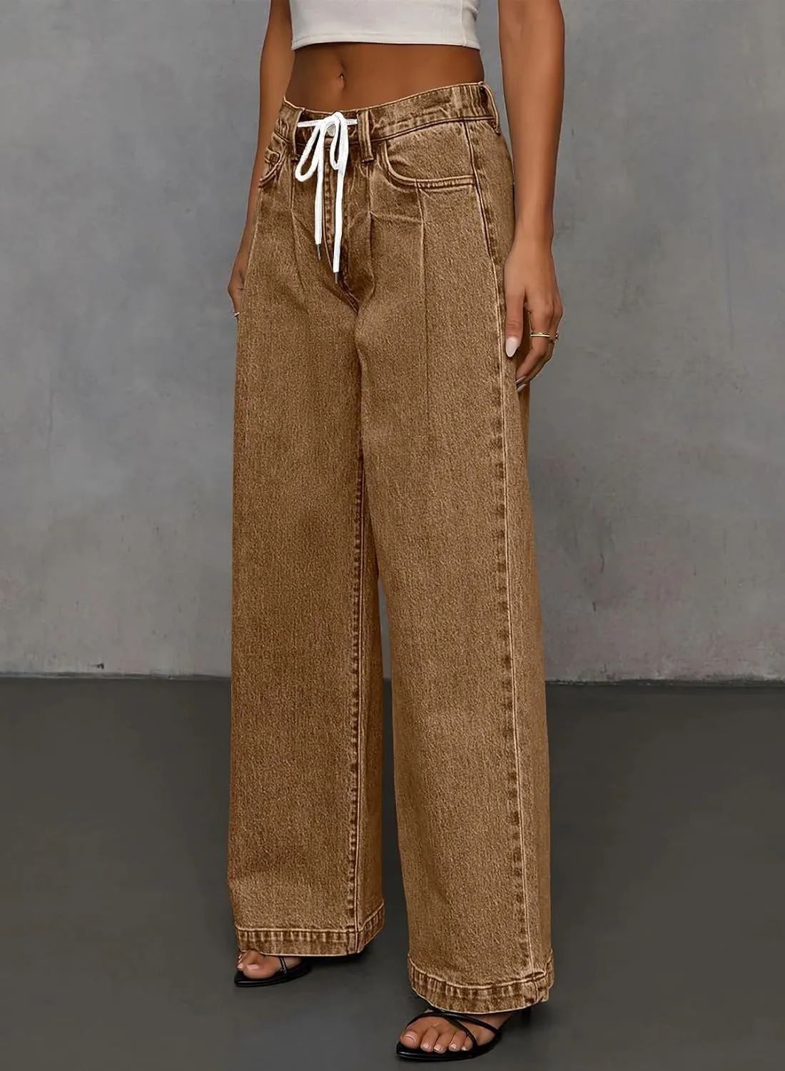 Sidefeel Women's Wide Leg Jeans High Waisted Stretchy Straight Baggy Drawstring Denim Pants