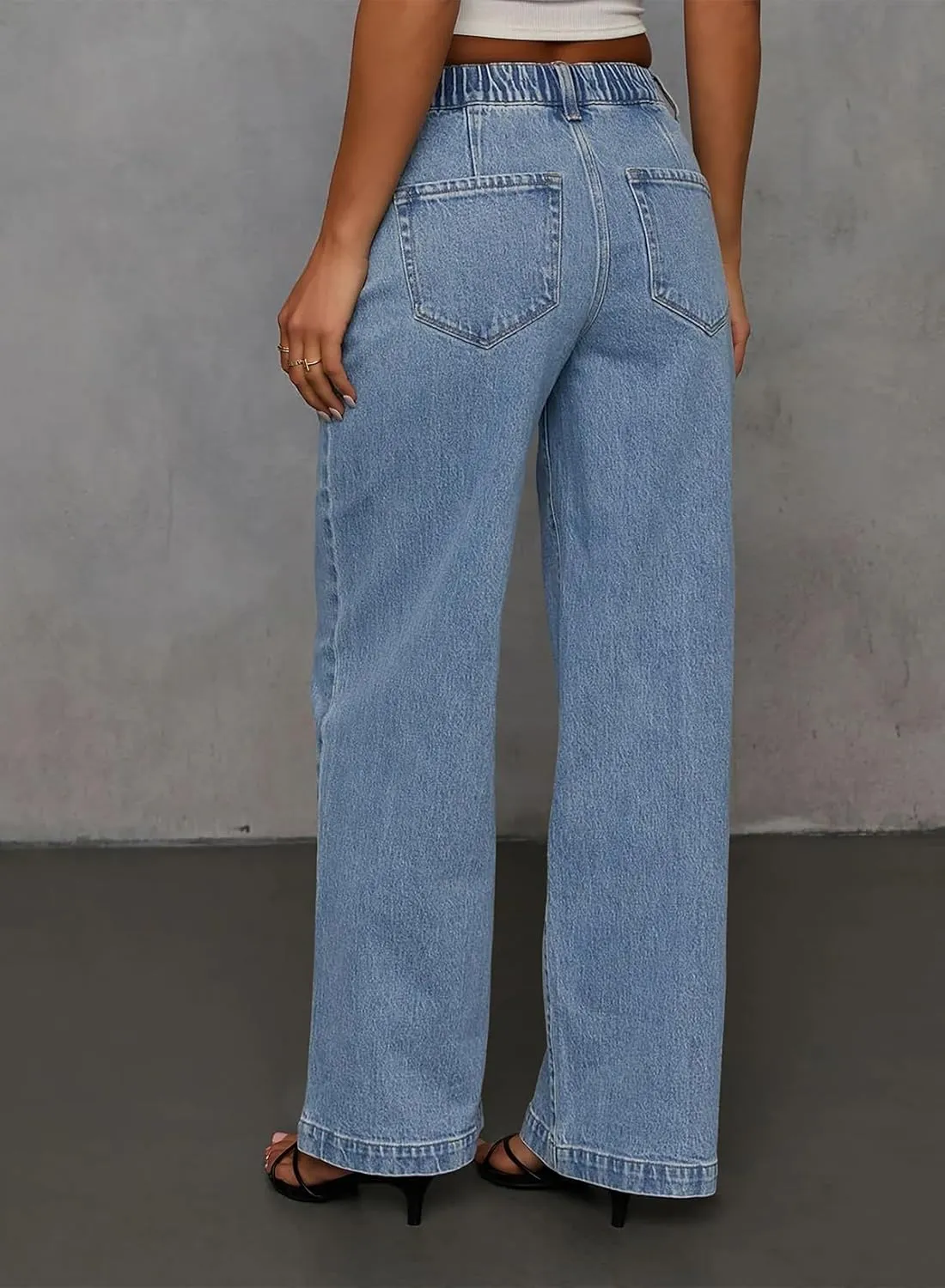 Sidefeel Women's Wide Leg Jeans High Waisted Stretchy Straight Baggy Drawstring Denim Pants