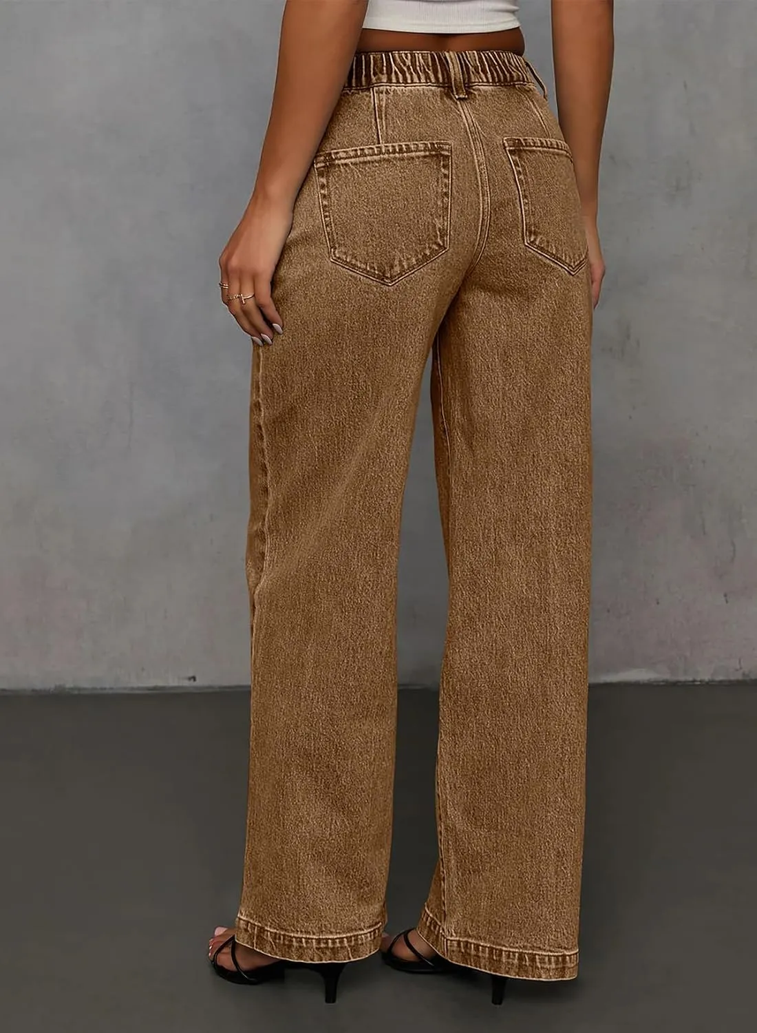 Sidefeel Women's Wide Leg Jeans High Waisted Stretchy Straight Baggy Drawstring Denim Pants