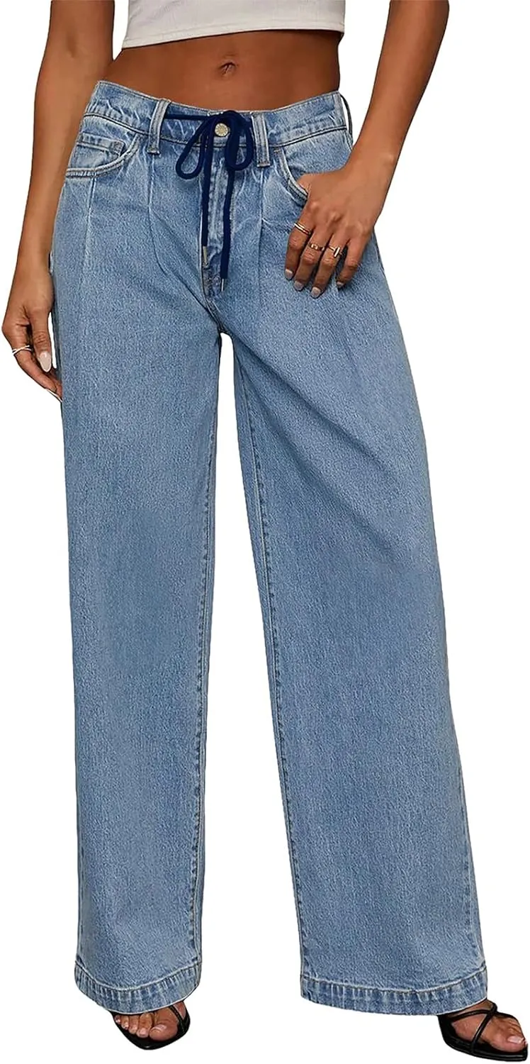 Sidefeel Women's Wide Leg Jeans High Waisted Stretchy Straight Baggy Drawstring Denim Pants