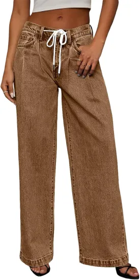 Sidefeel Women's Wide Leg Jeans High Waisted Stretchy Straight Baggy Drawstring Denim Pants