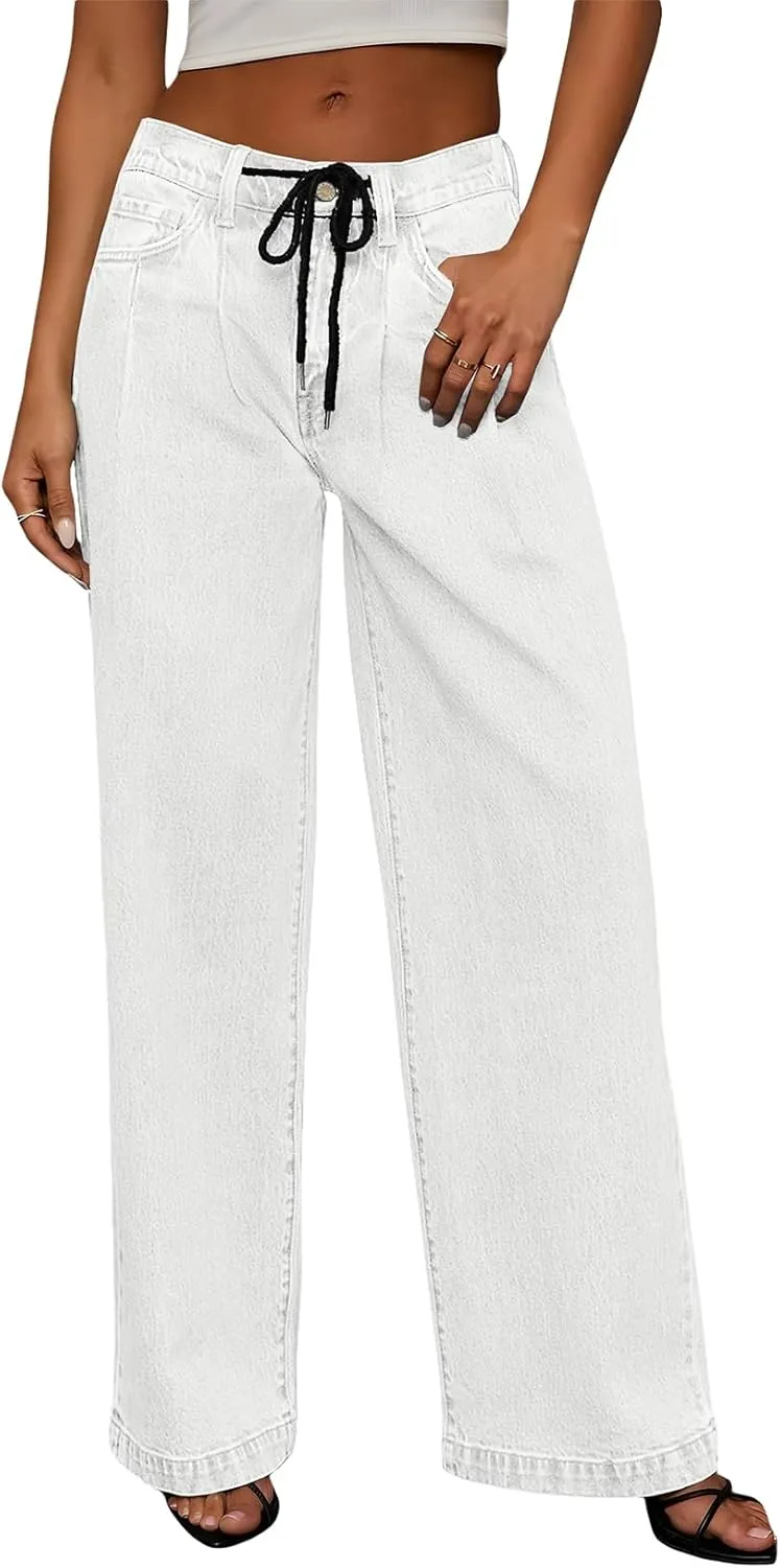 Sidefeel Women's Wide Leg Jeans High Waisted Stretchy Straight Baggy Drawstring Denim Pants