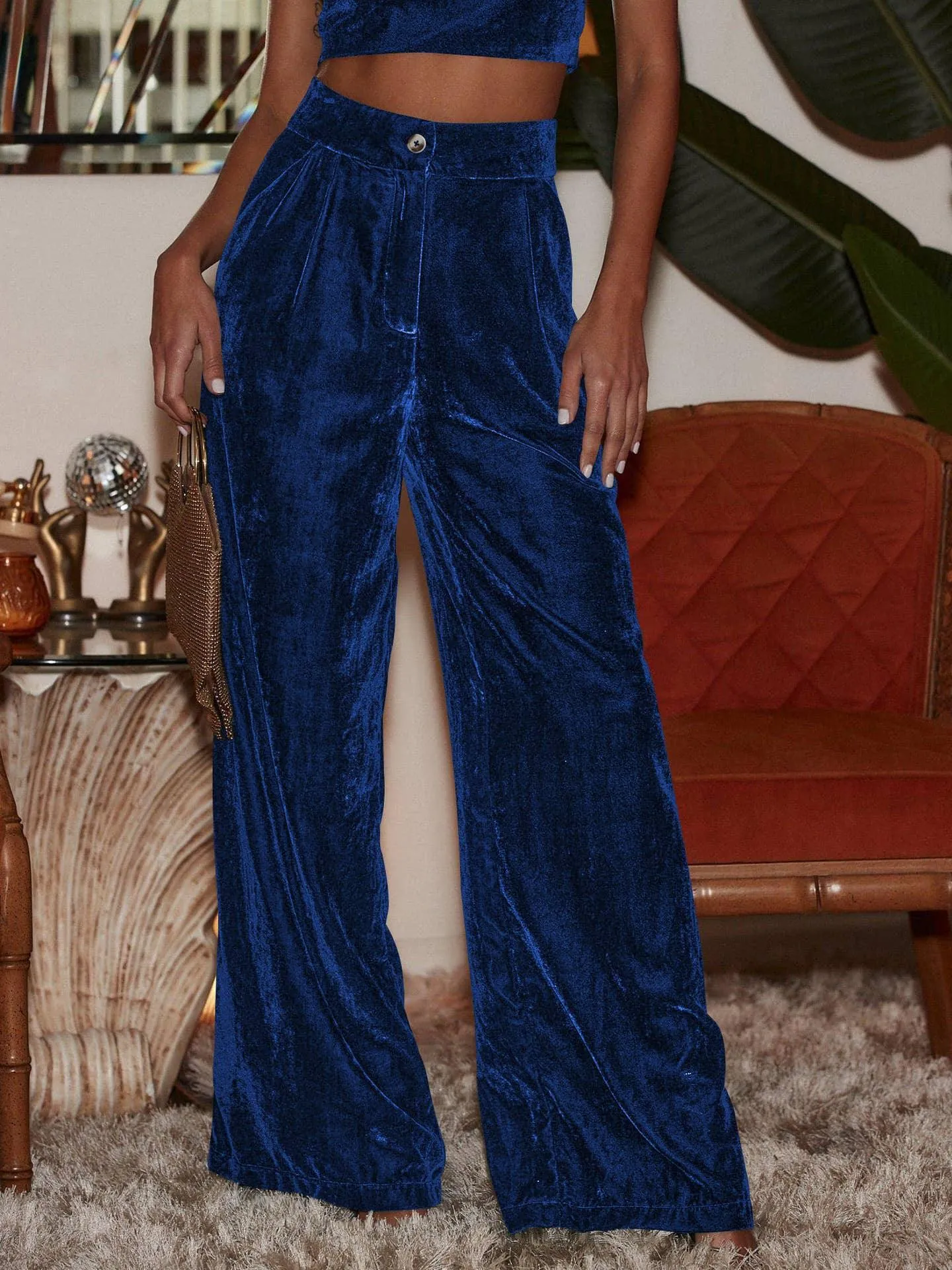 Solid Color Casual Style Wide Leg Velvet Pants GKBE001