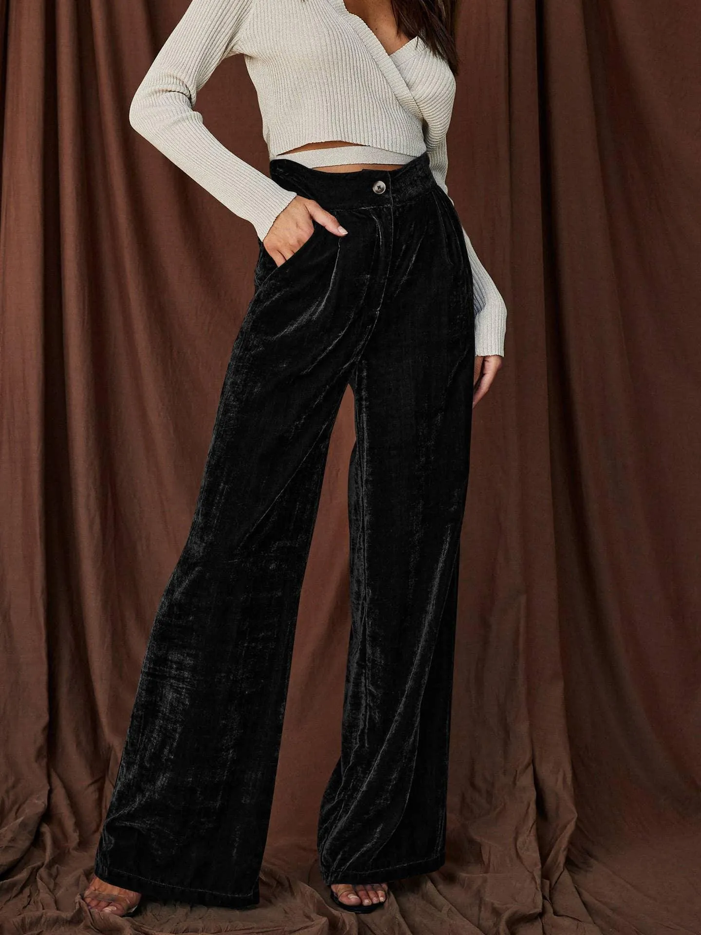 Solid Color Casual Style Wide Leg Velvet Pants GKBE001