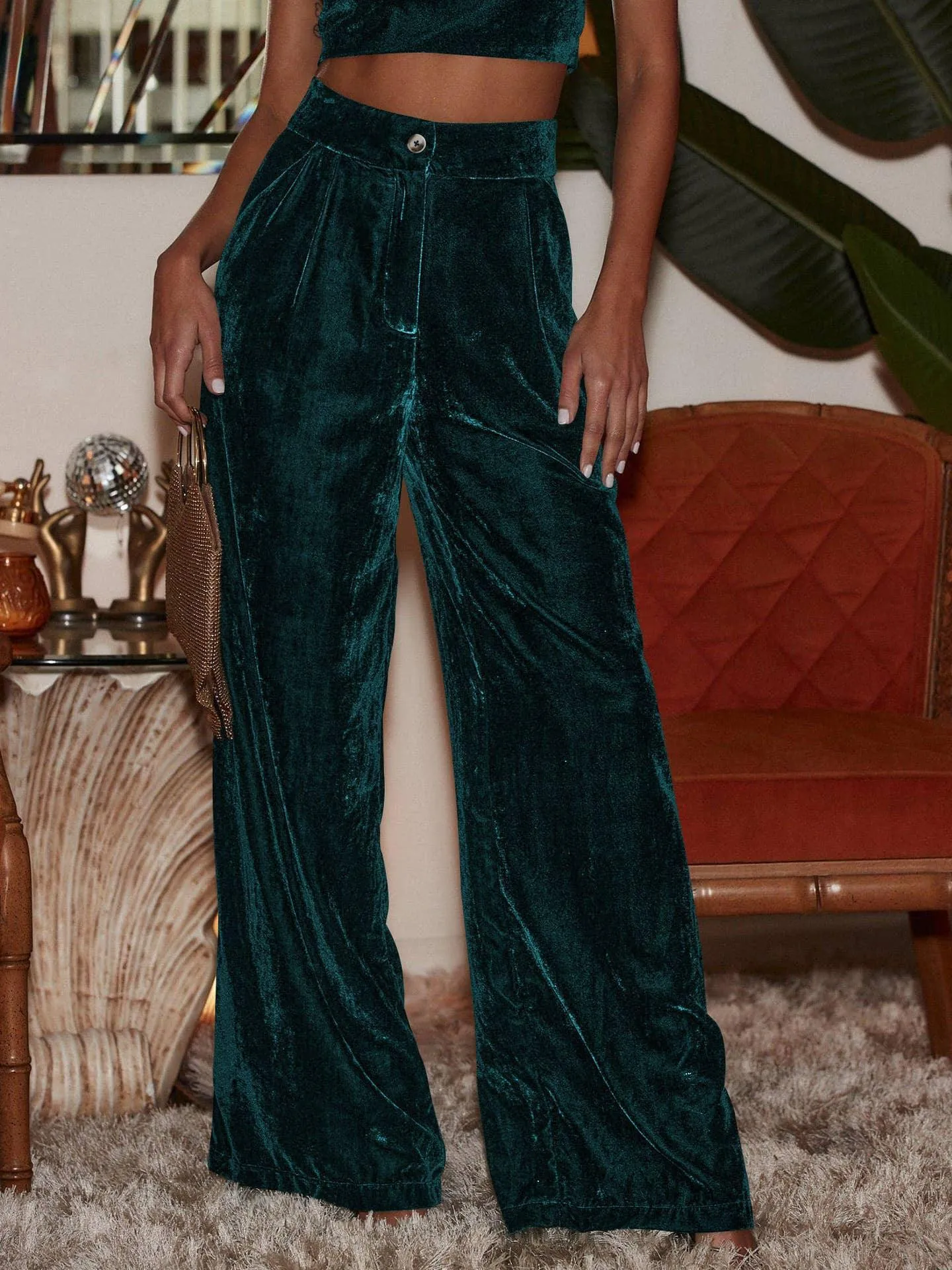 Solid Color Casual Style Wide Leg Velvet Pants GKBE001