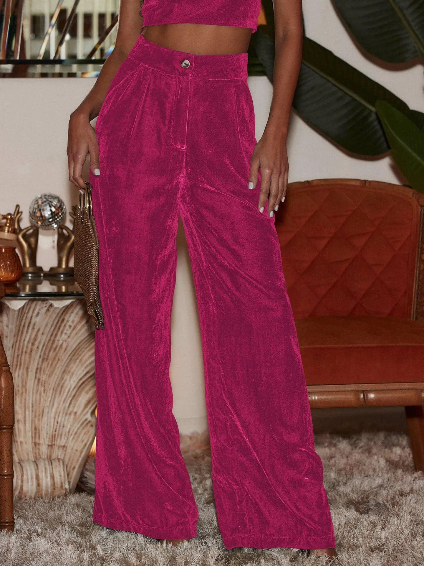 Solid Color Casual Style Wide Leg Velvet Pants GKBE001