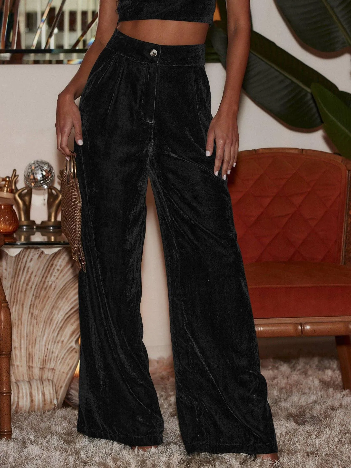 Solid Color Casual Style Wide Leg Velvet Pants GKBE001
