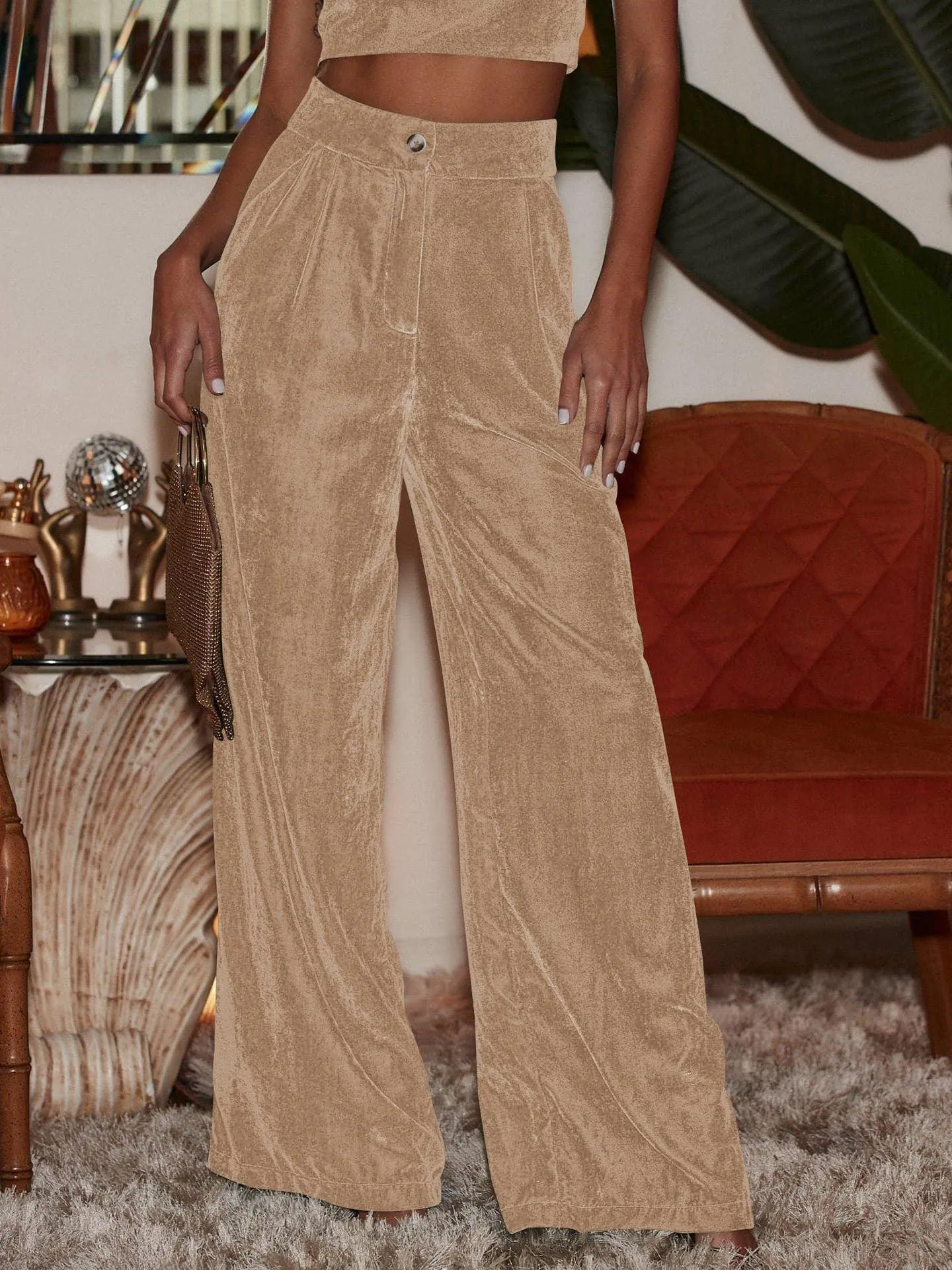 Solid Color Casual Style Wide Leg Velvet Pants GKBE001