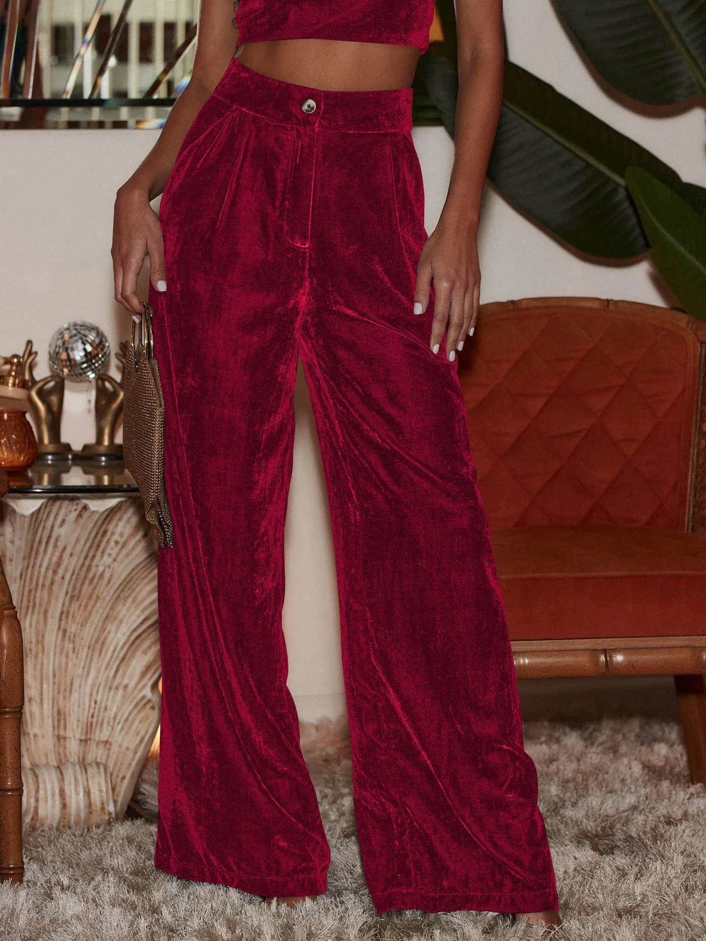 Solid Color Casual Style Wide Leg Velvet Pants GKBE001