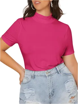 SweatyRocks Women's Plus Size Short Sleeve Mock Neck Top Solid Basic Tee Shirt