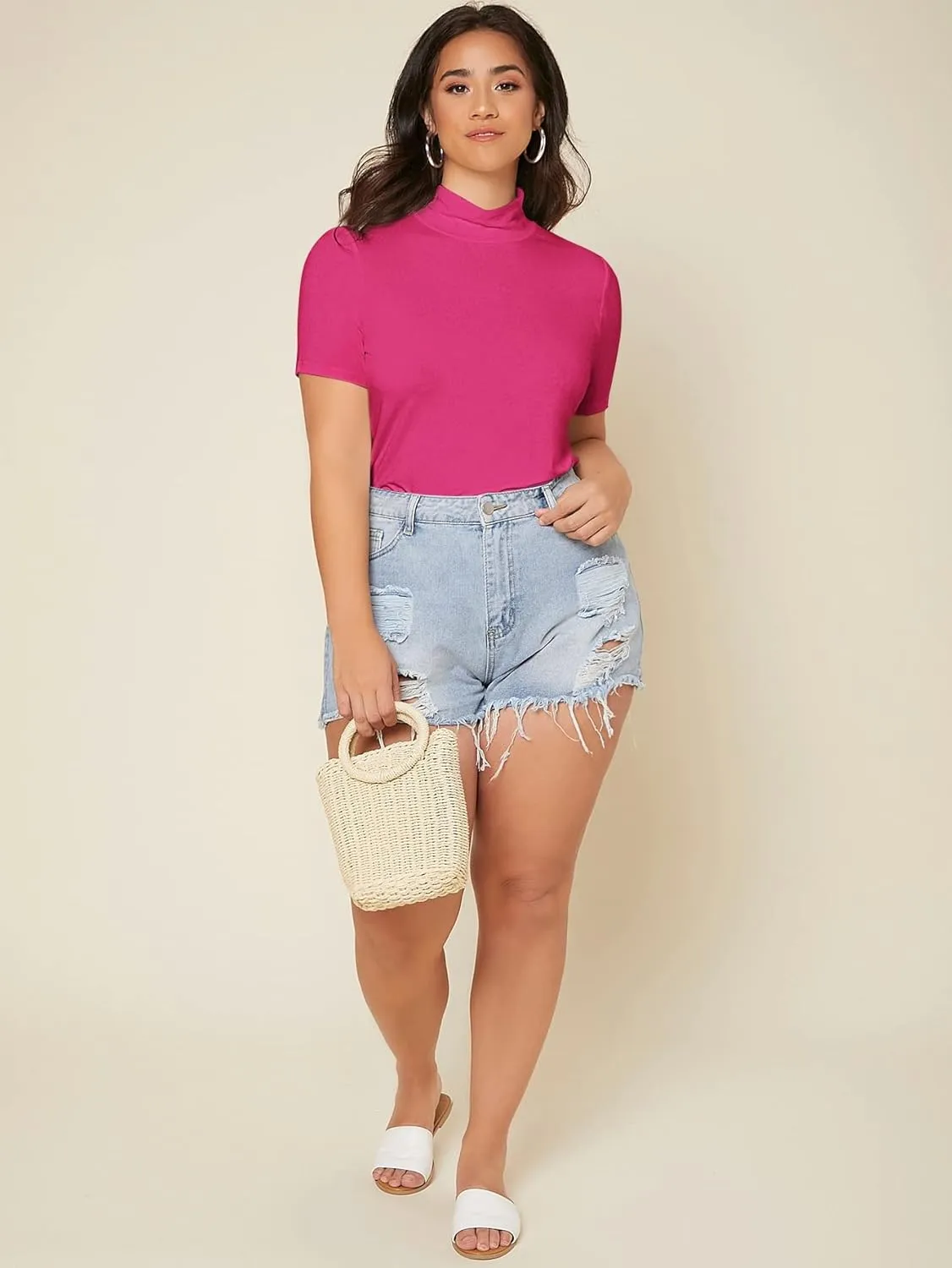SweatyRocks Women's Plus Size Short Sleeve Mock Neck Top Solid Basic Tee Shirt