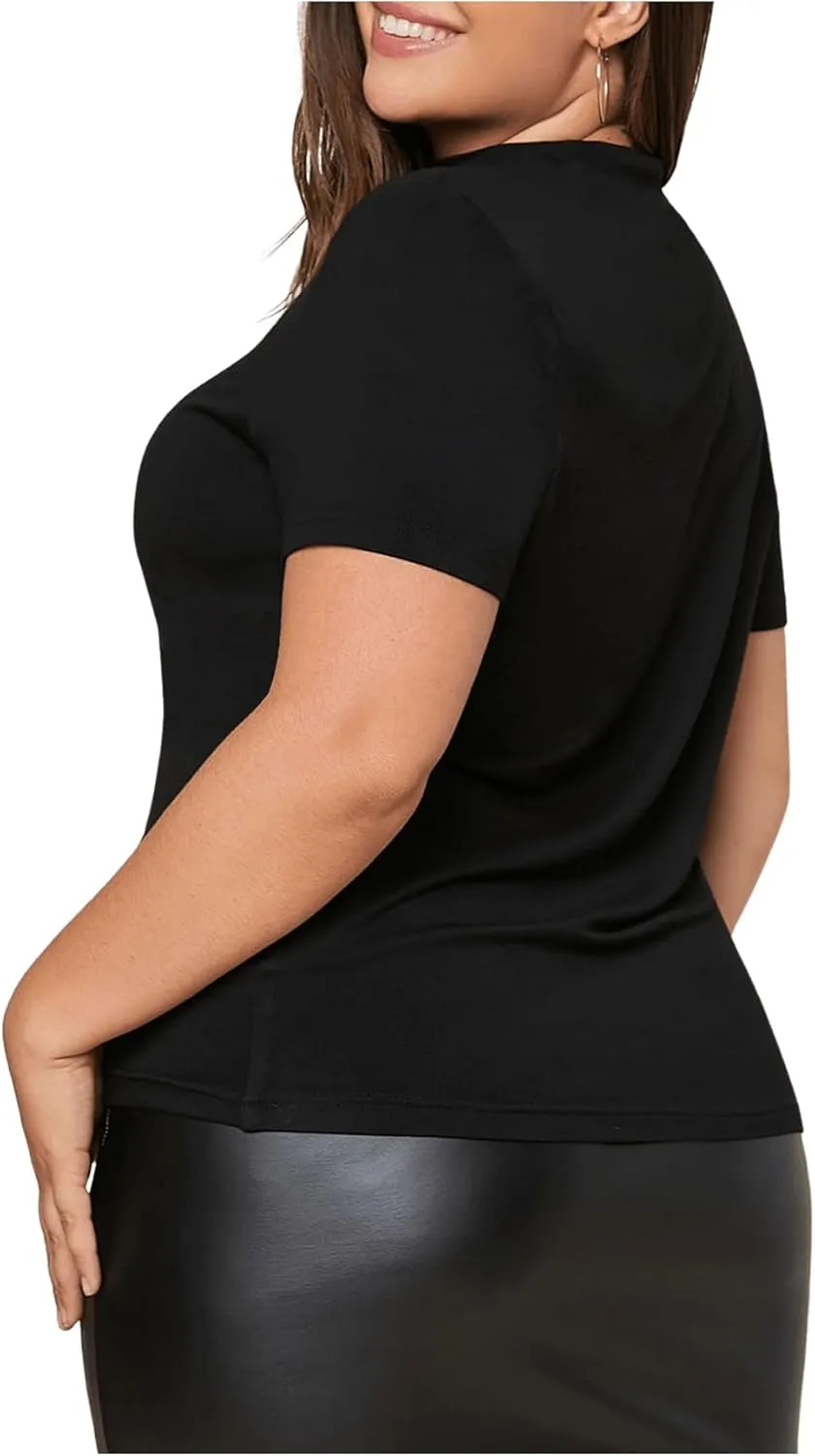 SweatyRocks Women's Plus Size Short Sleeve Mock Neck Top Solid Basic Tee Shirt